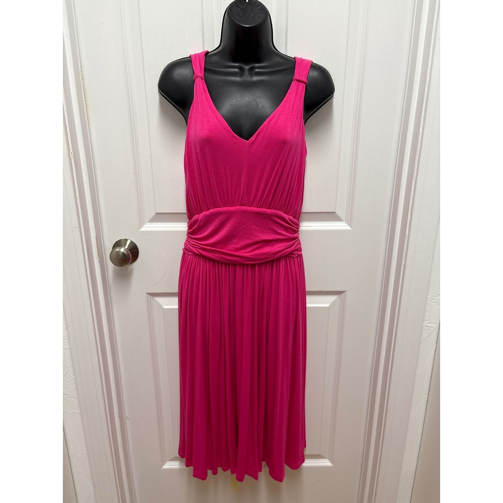 Newport News Pink V-Neck Ruched Waist Sleeveless Midi Dress 42188 Medium